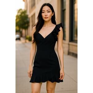 Lulus New Women's One Shoulder Ruffle Mini A Line Dress Black L Party Classic